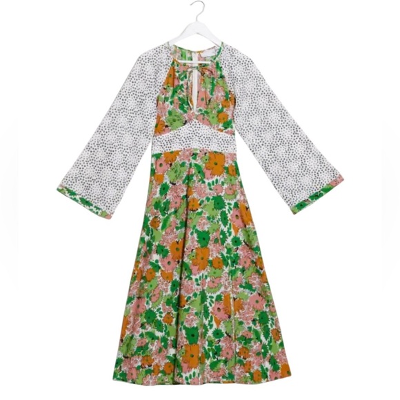 ASOS DESIGN 70s Retro Boho Mixed Floral Print Midi Dress Bell Sleeves Size 6 - Picture 2 of 13